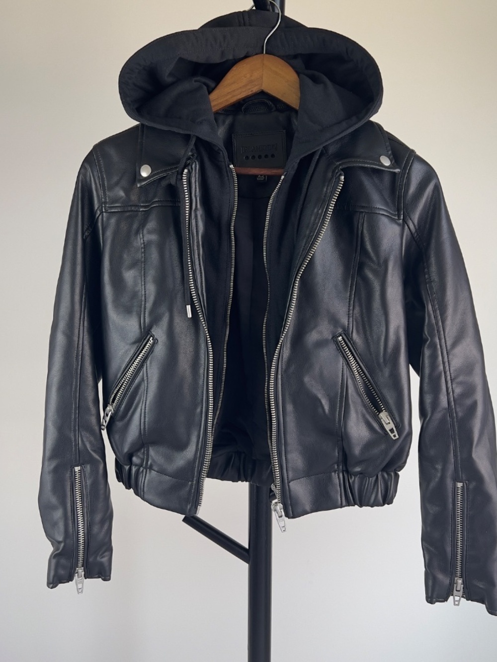 [BLANKNYC] Layered Faux Leather Hooded Moto Bomber Jacket Black XS